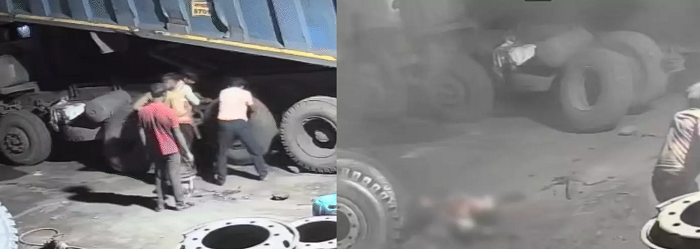 ट्रेलर का पंचर टायर बदल रहा था ड्राइवर, तभी हुआ बम की तरह धमाका, हुई मौत, CCTV में हुआ कैद Massive Tire Explosion While Removing Tire in Singrauli Driver Killed Accident Caught on CCTV